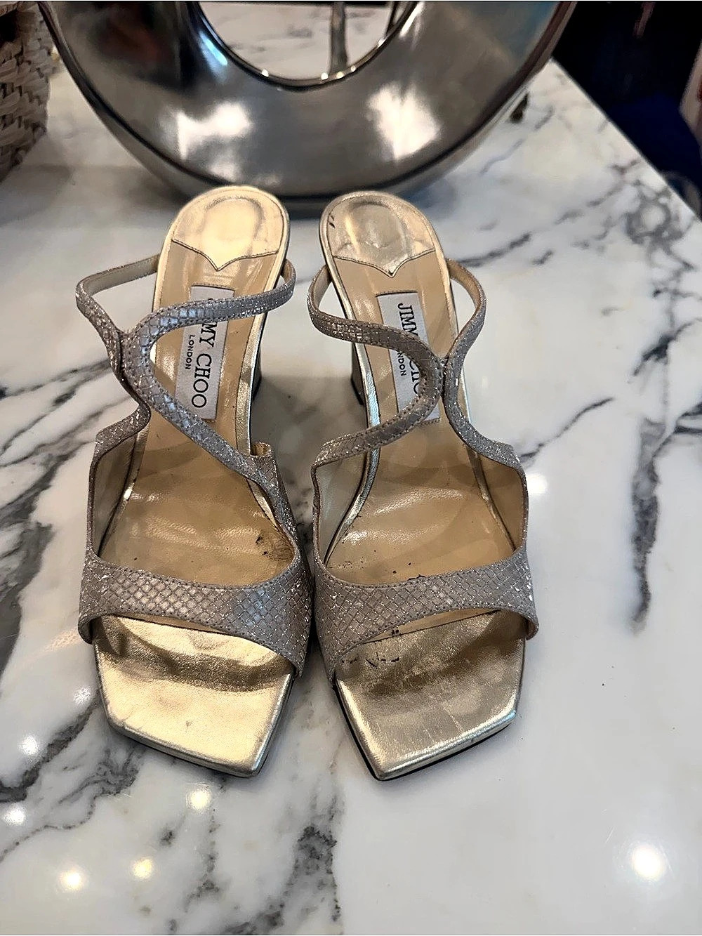Jimmy Choo Metallic Wedge Sandals in Champagne Silvery Gold US 8